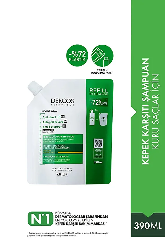 Vichy Dercos Kepek Karşıtı Şampuan Kuru Saçlar 390 ml - Refill - 1