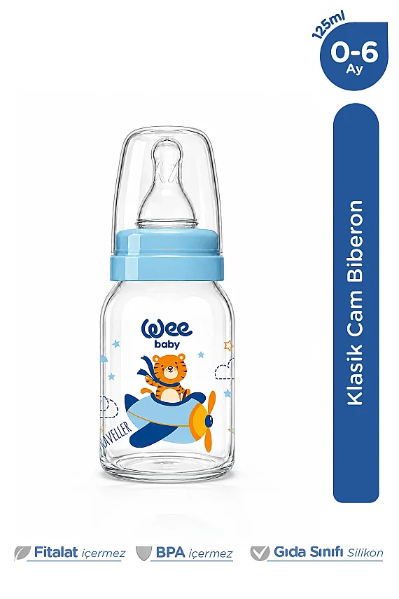 Wee Baby Klasik Dayanıklı Cam Biberon 125 Ml Yavaş Akış 0-6 Ay Mavi - 877 - 1