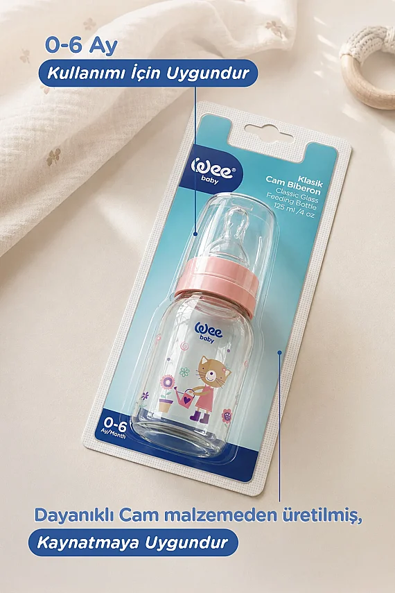 Wee Baby Klasik Dayanıklı Cam Biberon 125 Ml Yavaş Akış 0-6 Ay pembe - 877 - 3