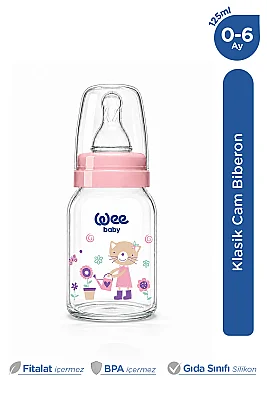 Wee Baby Klasik Dayanıklı Cam Biberon 125 Ml Yavaş Akış 0-6 Ay pembe - 877 - Wee Baby