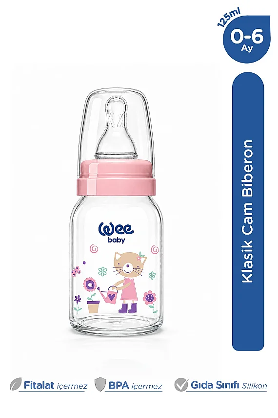 Wee Baby Klasik Dayanıklı Cam Biberon 125 Ml Yavaş Akış 0-6 Ay pembe - 877 - 1