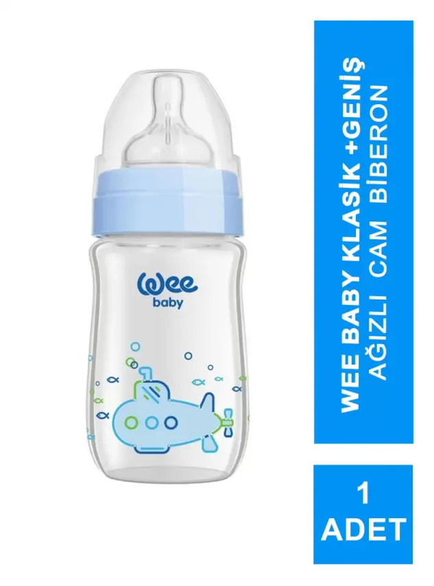 Wee Baby Klasik+ Geniş Ağızlı Cam Biberon 0-6 Ay - Mavi - 180 ml -No:140- - 2