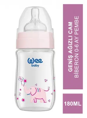 Wee Baby Klasik+ Geniş Ağızlı Cam Biberon 0-6 Ay - Pembe - 180 ml -No:140- - 2