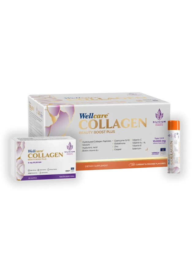 Wellcare Collagen Beauty Boost Plus - Frenk Üzümü & Portakal Aromalı - 10.000 mg Likit Form 40mlx30Shot & 30 Kapsül - Wellcare