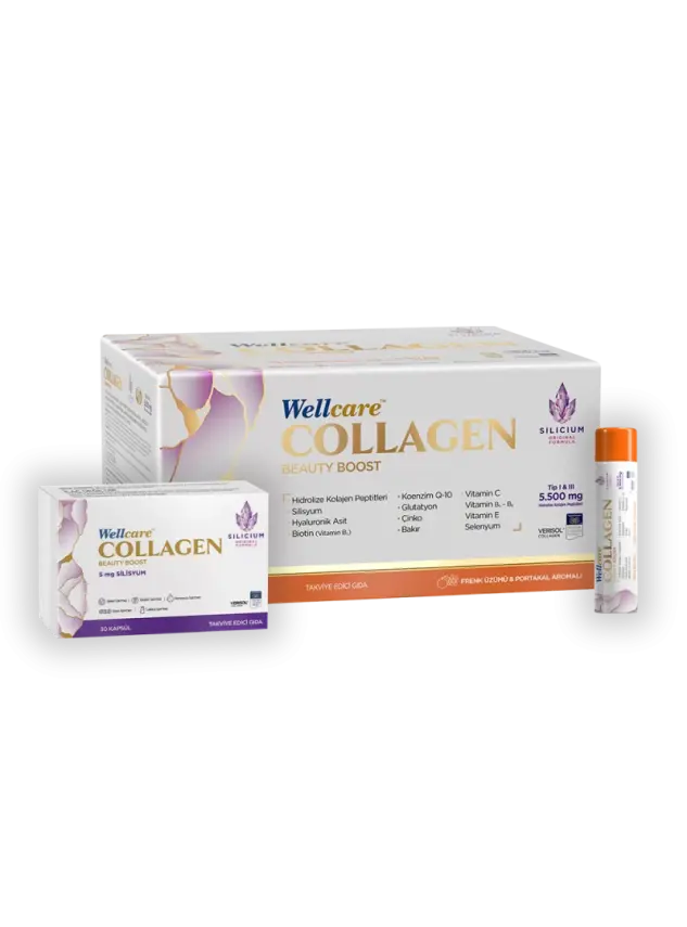 OUTLET - Wellcare Collagen Beauty Boost Plus - Frenk Üzümü & Portakal Aromalı - 5500 mg Likit Form 40mlx30Shot & 30 Kapsül - 1