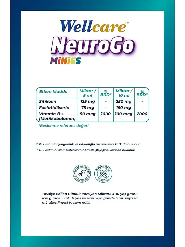 Wellcare Neurogo Minies Sitikolin, Fosfotidilserin, Vitamin B12 Içeren Sıvı Takviye Edici Gıda - 2